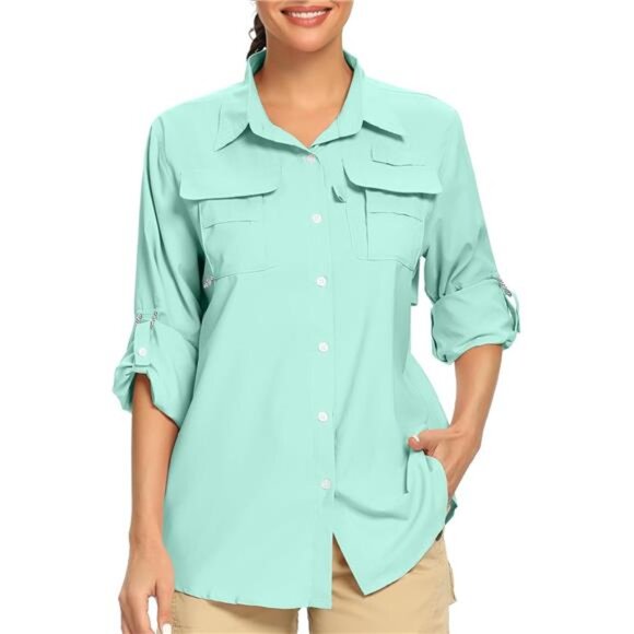Women's UPF 50+ UV Sun Protection Safari Shirt, Long Sleeve Outdoor Cool Quick - Picture 1 of 16
